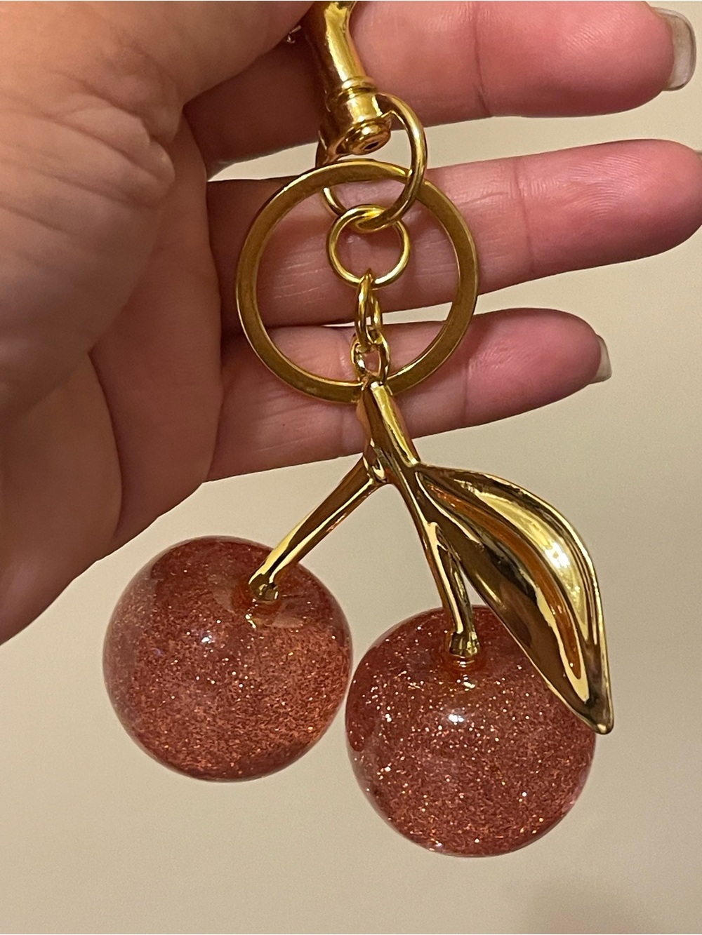 Sparkling Cherry Keychain - Gold & Rose Glitter